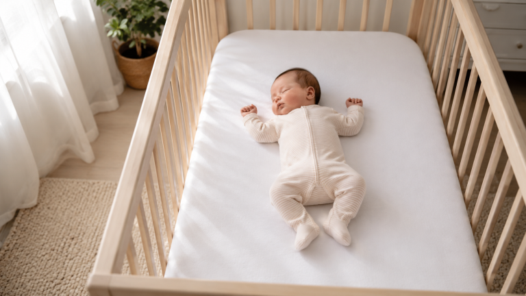 neonato che dorme su un materasso da culla